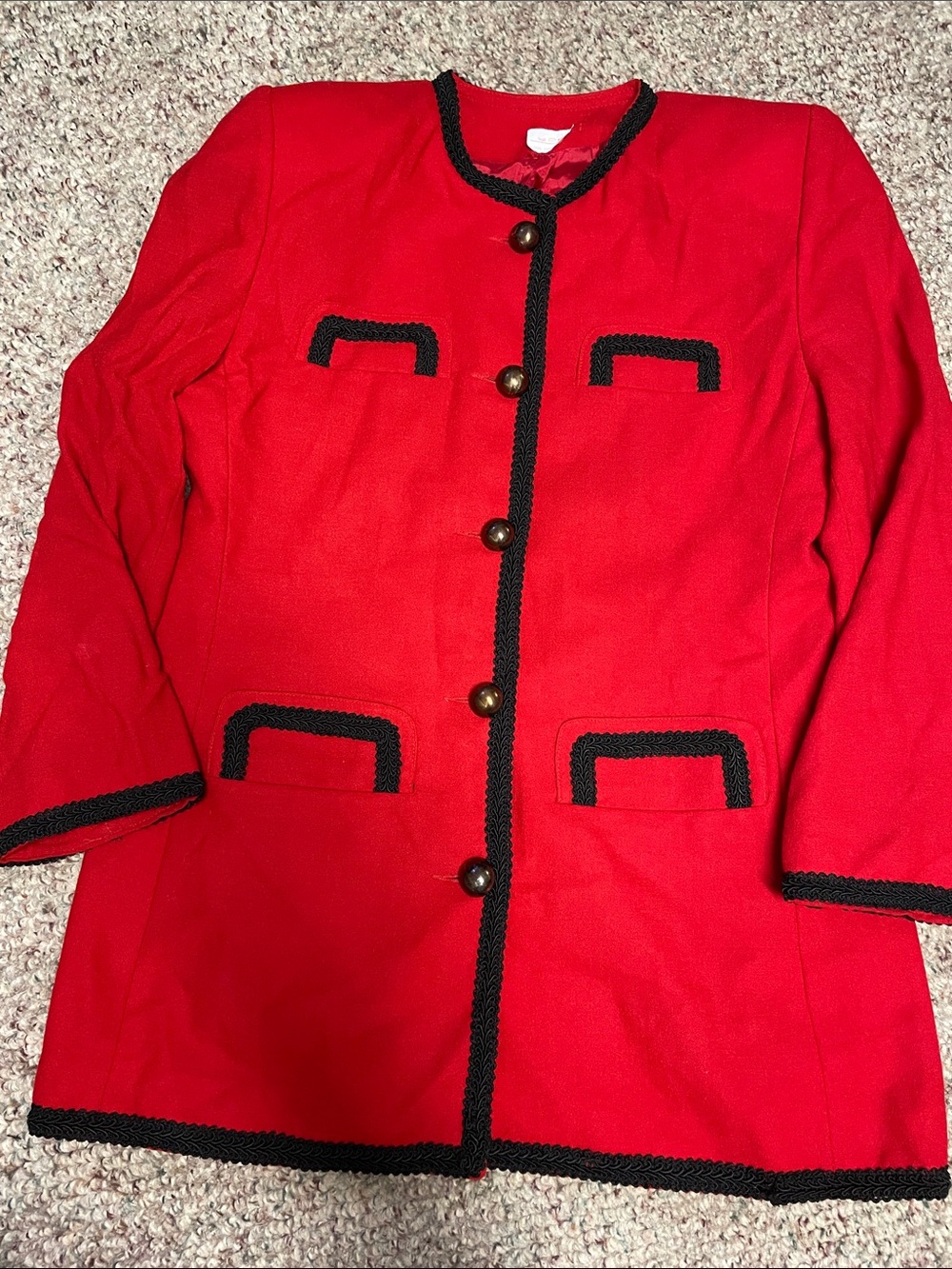 Vintage 100% wool Red black ribbon trimmed Women's Coat/blazer dress